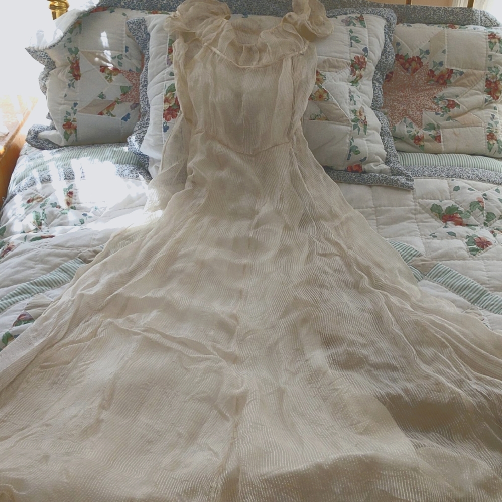 #9 1930s ANTIQUE SHEER GOSSAMER GOWN w Original Taffeta Slip - Picture 1 of 13